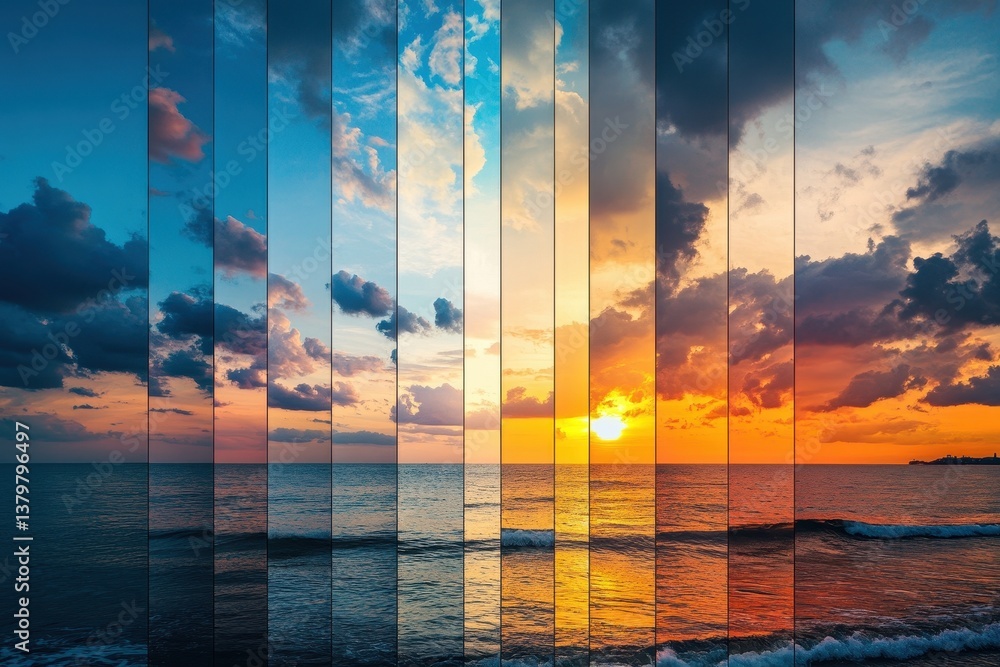 Poster beautiful day to night timelapse showcasing fast-moving clouds over ocean waves with vibrant colors,