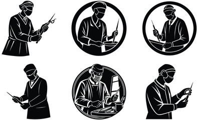 Surgeon performing surgery silhouette black vector art set design