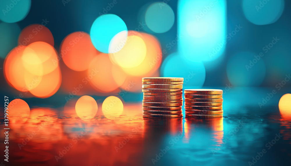 Poster shiny coins stacked on reflective surface, illuminated by colorful led lights, create vibrant and dy