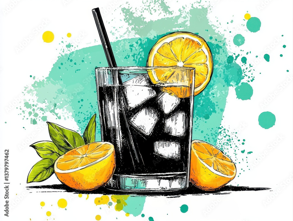 Poster refreshing cocktail with ice and lemon slices, surrounded by vibrant splashes of color, evokes cheer