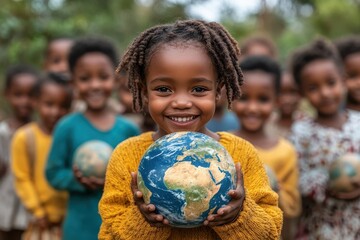 Children hold globes while smiling joyfully in outdoor setting representing unity and hope for the future