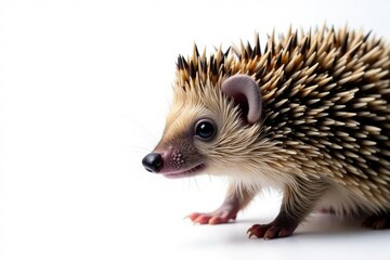 Obraz premium Close-up of a hedgehog on white backdrop, spines visible, isolated, animal photography