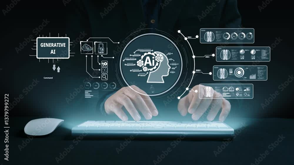 Poster human interact with ai artificial intelligence brain processor in concept of ai artificial intellige