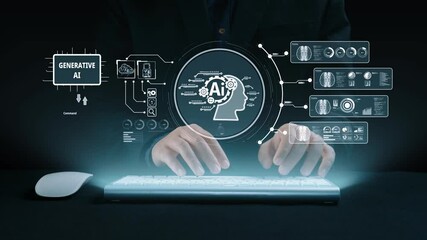 Human interact with AI artificial intelligence brain processor in concept of AI artificial intelligence engineering, big data and AI machine learning to use generative AI for business support. UUID