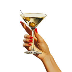 Elegant Woman’s Hand Holding Dirty Martini 60s Retro Vibe PNG 