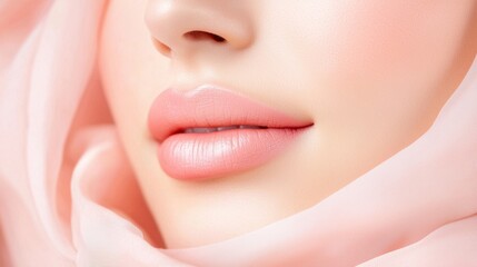 Obraz premium A close-up of soft, pink lips framed by a delicate, sheer scarf, evoking beauty and elegance.
