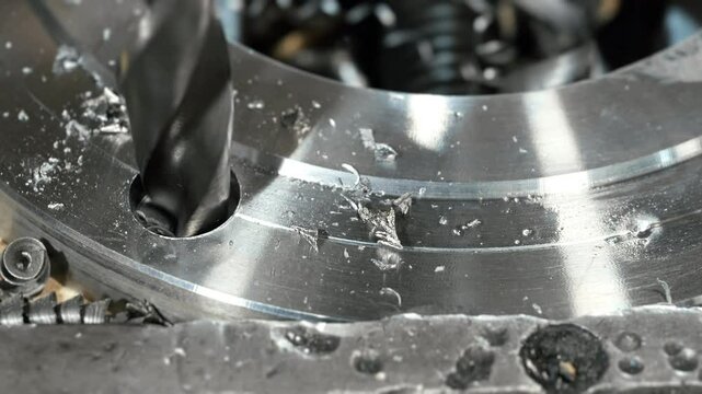 Close-up of a drill bit making a hole in a metal workpiece. Processing a steel product on a lathe at an industrial plant.