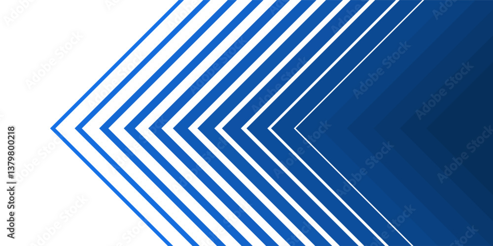 Poster minimal blue and white background with arrow pointing right. striped transition from black to white 