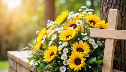 Vibrant funeral wreath with sunflowers and daisies, remembrance tribute