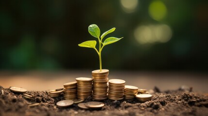 A pile of coins with small plant saplings growing out of them, symbolizing the integration of green