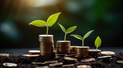A pile of coins with small plant saplings growing out of them, symbolizing the integration of green