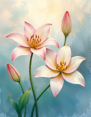Fototapeta premium Pink Lily Flowers in Bloom. Watercolor illustration