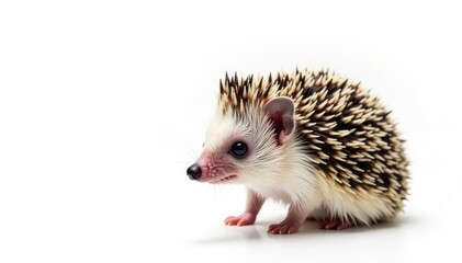 Close-up of a single hedgehog against a bright white backdrop, portrait, nature, hedgehog portrait