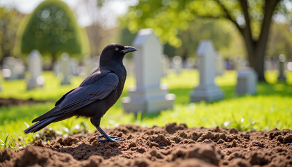 Obraz premium Black crow perched on freshly dug grave, cemetery symbolism