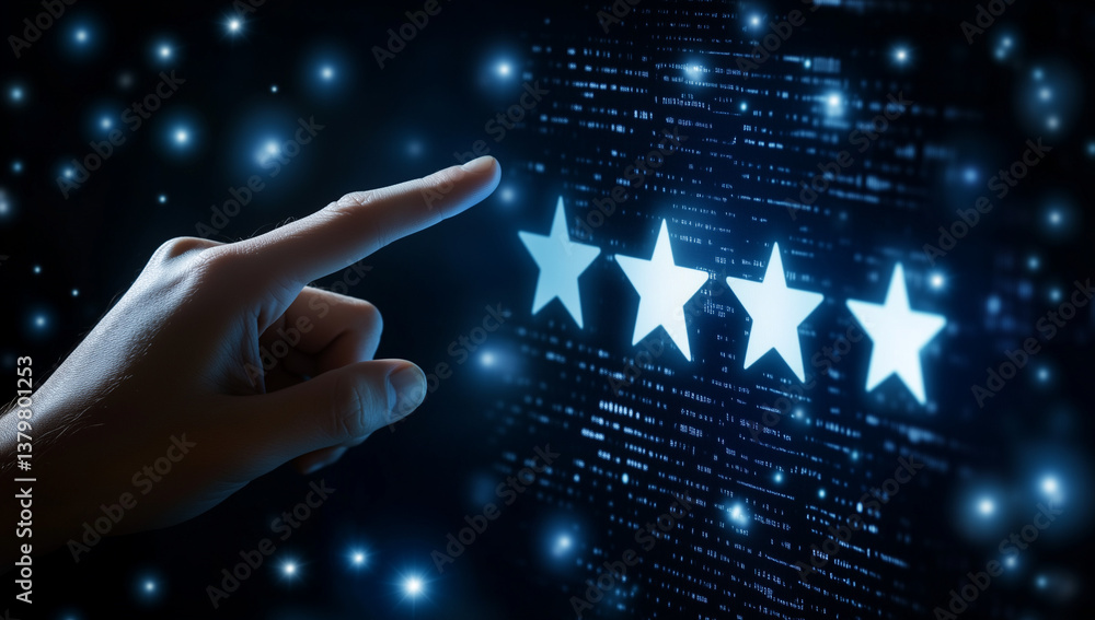 Poster a businessman hand interacting with a virtual screen displaying five stars on a dark background