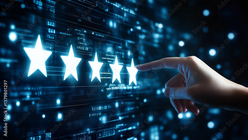 Poster a businessman hand interacting with a virtual screen displaying five stars on a dark background