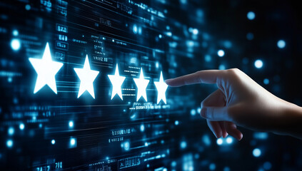 Fototapeta premium A businessman hand interacting with a virtual screen displaying five stars on a dark background