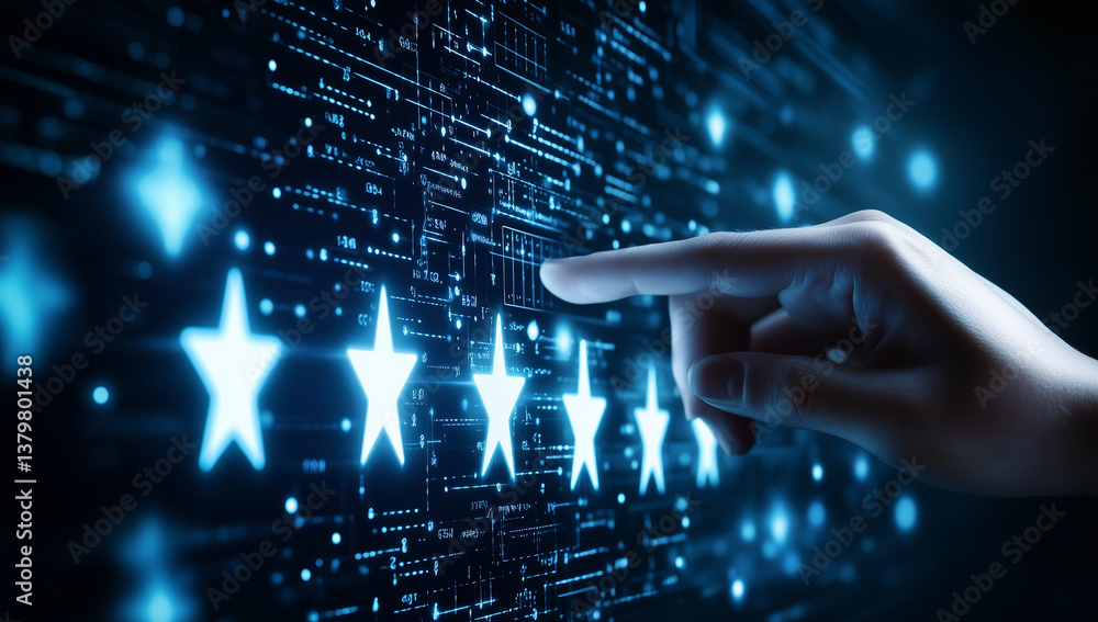Poster a businessman hand interacting with a virtual screen displaying five stars on a dark background