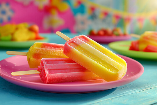 Mexican paletas ice pops in vibrant red and yellow colors on pink plate, tropical frozen summer dessert, fruity and sweet treat, ideal for holiday, kids party, commercial or tropical themes