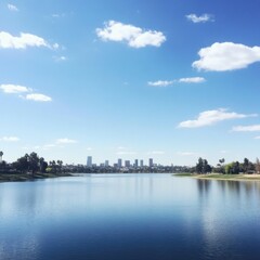 Fototapeta premium Downtown Los Angeles Skyline Viewed from Echo Park Lake