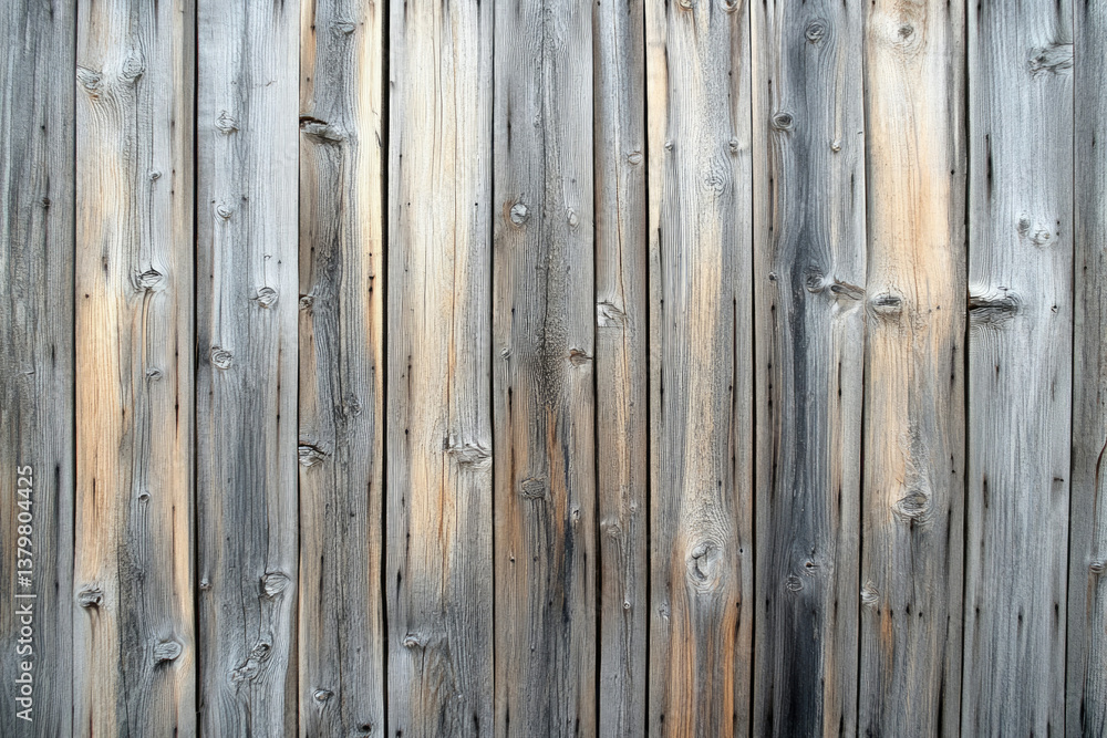 Poster weathered gray and beige vertical wooden planks form a rustic background texture.