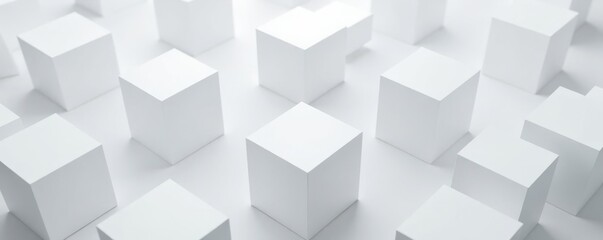 Fototapeta premium Randomly shifted white cube boxes create a modern and abstract background with empty space, architecture, background