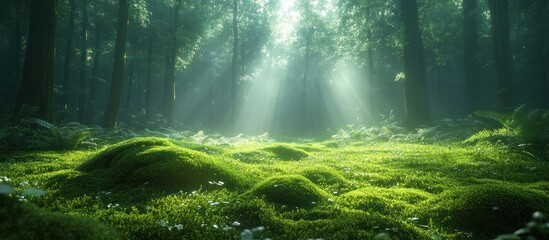 Fototapeta premium Sunlit Forest Floor with Mossy Ground Cover
