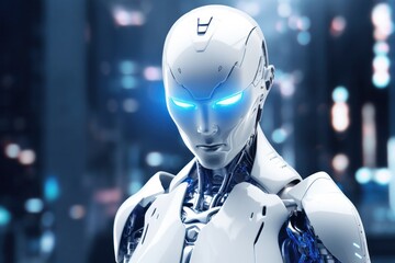 Fototapeta premium humanoid robot with sleek metallic features and glowing blue eyes standing in a high-tech environment