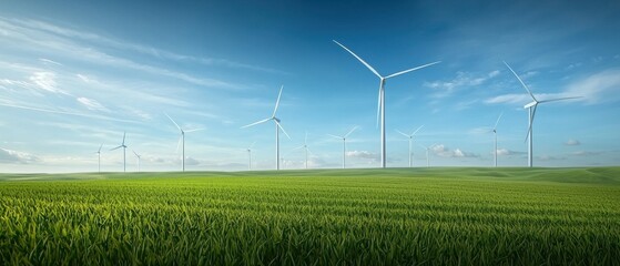A serene landscape featuring a green field and multiple wind turbines under a clear blue sky, symbolizing renewable energy and sustainability.