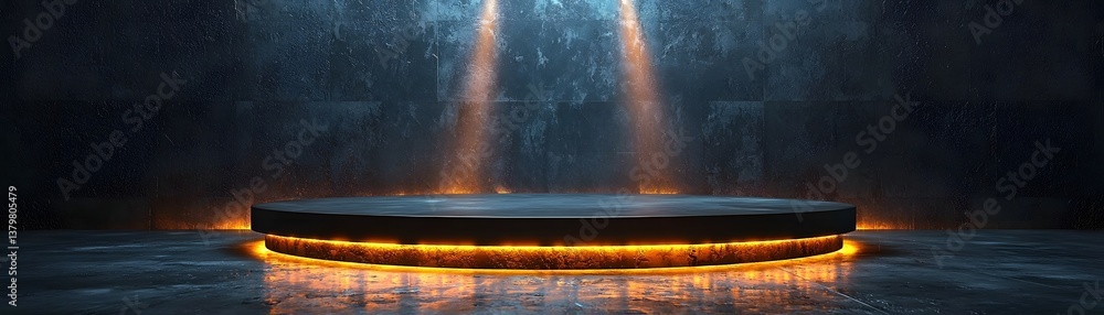 Wall mural reflective metallic podium in a futuristic industrial setting