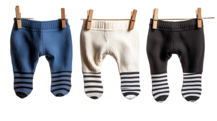 Three Ribbed Baby Pants with Stripes Suspended by Clothespins on Clothesline
