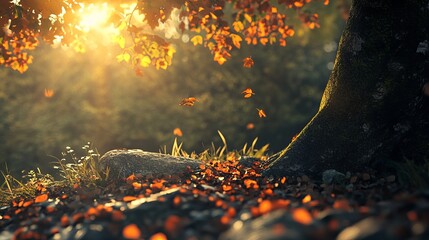 Autumn leaves falling near a tree trunk with sunlight shining through the branches in a forest scene