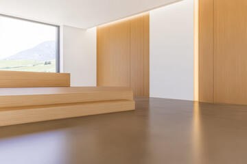 Obraz premium Modern minimalist interior design featuring natural materials and scenic views