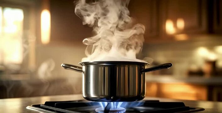 A pot of boiling water on a stove with rising steam.
