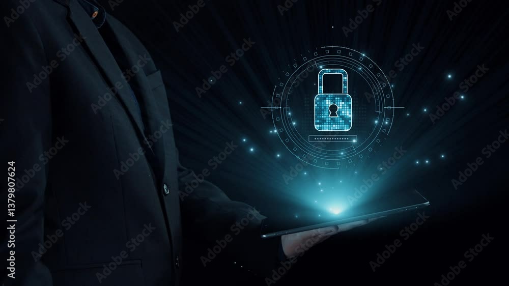 Poster a professional in a business suit holds a tablet, surrounded by a futuristic digital interface repre