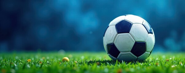 Fototapeta premium Soccer ball with blue background and football patterns, soccer, field