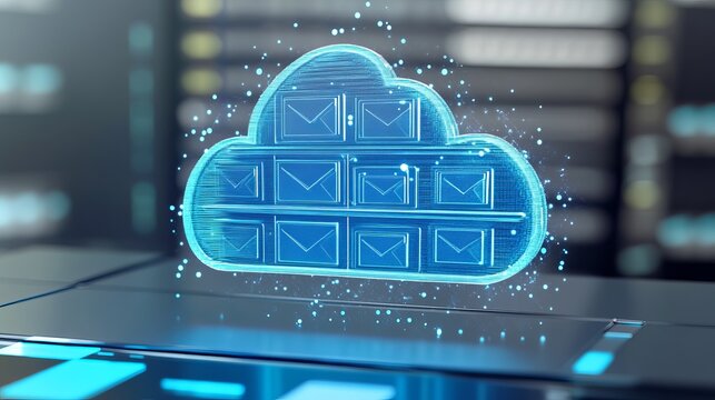 Blue cloud shaped server with email icons in a digital data center environment with particle effects