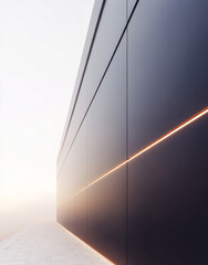 Modern architectural design with sleek lines and subtle lighting in foggy weather