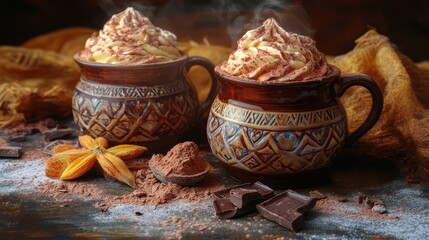 Rich and creamy hot chocolate is served in an antique cup, topped with whipped cream and chocolate shavings
