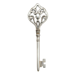 Vintage ornate key with intricate design, silver color, isolated view