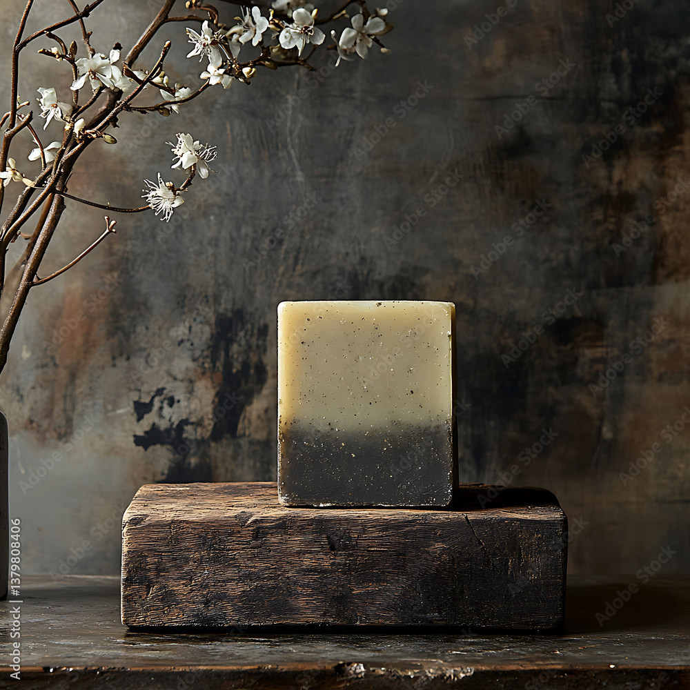 Poster dark and mysterious square bar soap sits elegantly on rustic wooden block, surrounded by delicate bl