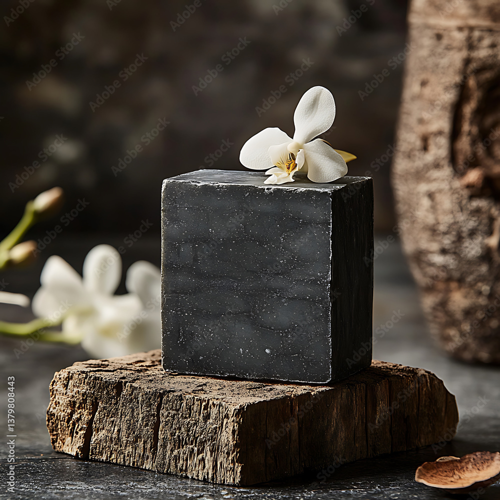 Poster dark and mysterious square bar soap sits elegantly on rustic wooden base, adorned with delicate whit