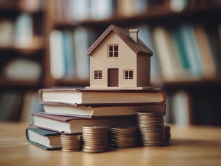 The concept of financial literacy and real estate investment is represented by books and a miniature house