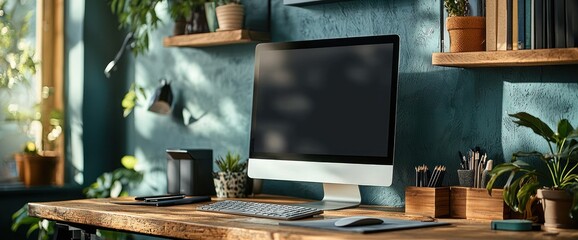 Home office with a computer, plants, and wooden desk