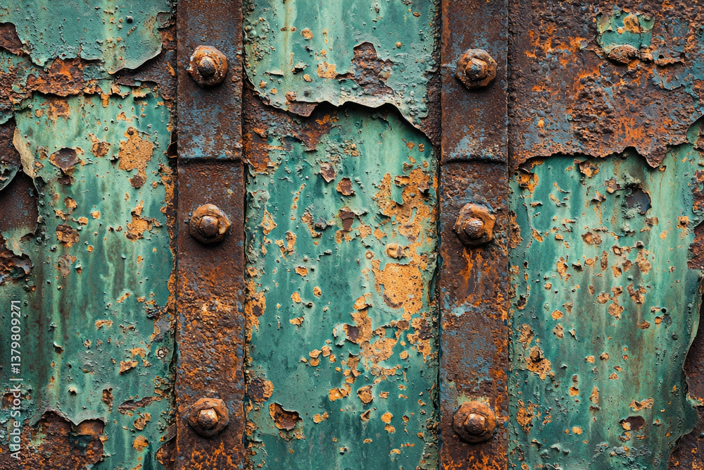 Poster rusty metallic surface with peeling teal paint and visible rivets, showing signs of age and decay.
