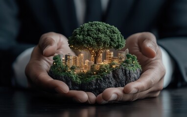 A person cradles a small tree against a city backdrop, symbolizing nature amidst urban life.