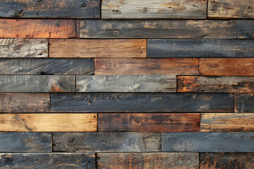 Rustic reclaimed wood wall, various shades and textures of brown, grey, and black.