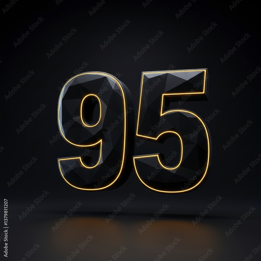 Poster floating number ninety five with glowing edges on black background