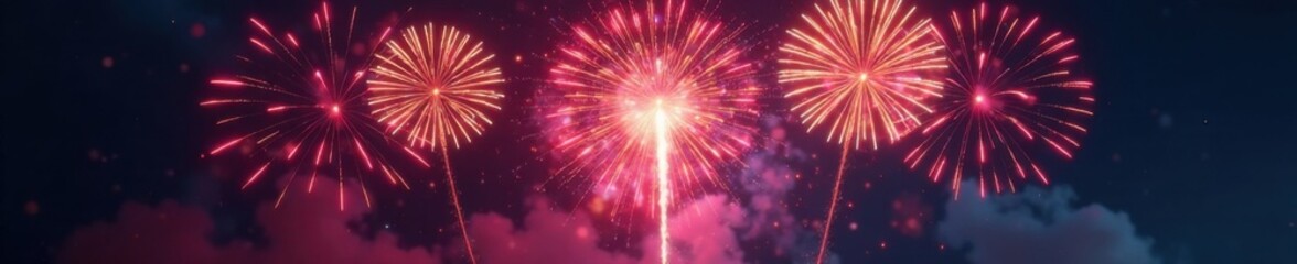 Fototapeta premium Vibrant fireworks exploding in mid-air with colorful sparks and smoke, light show, pyrotechnics, burst overlay