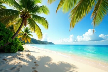 Warm sandy beach with palm trees swaying gently in the breeze, tropical, sandy